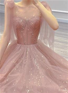 Picture of Pink Tulle Sweetheart Tulle with Pearls A-line Formal Dresses, Pink Long Evening Dresses